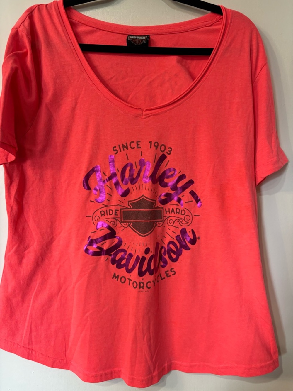 Harley-Davidson Women's Coral Pink Tee with Shiny Purple Logo